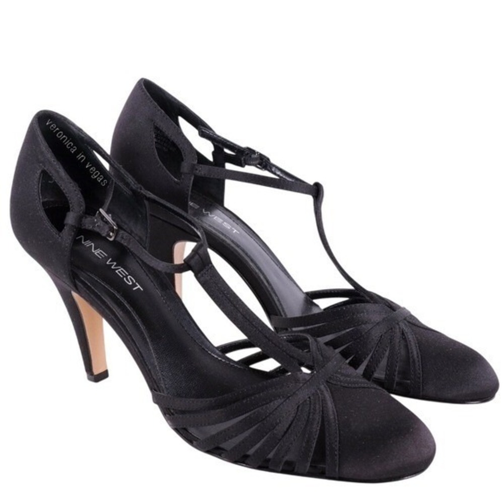 NINE WEST VINTAGE STYLE BLACK SATIN T STRAP‎ SHOE